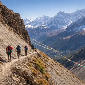 Trekkers on a high mountain trail during the annapurna circuit trek in Nepal with snow-capped peaks and prayer flags