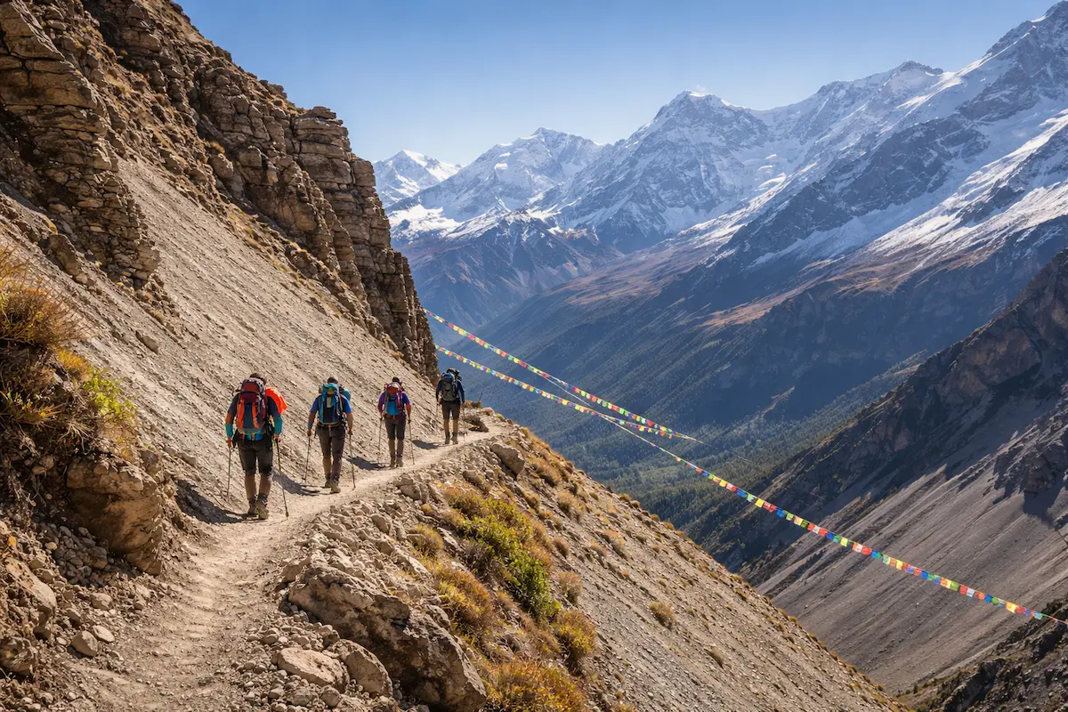 Trekkers on a high mountain trail during the annapurna circuit trek in Nepal with snow-capped peaks and prayer flags