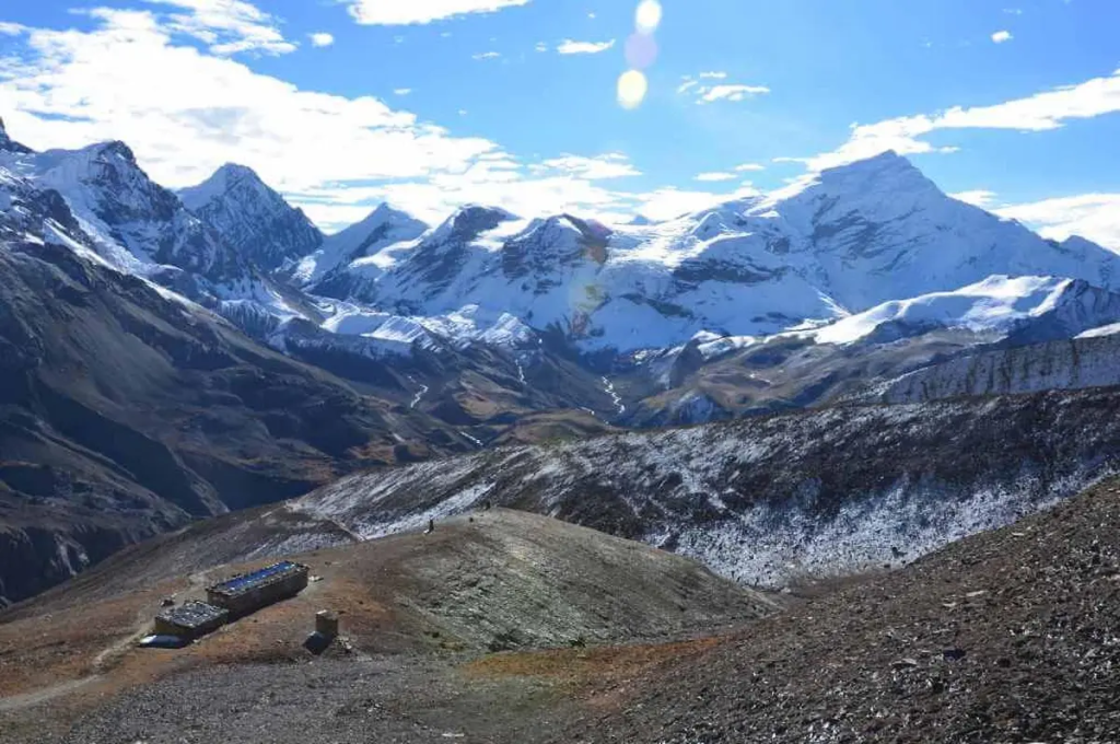 High-altitude valley on the Annapurna Circuit trek in Nepal with snow-covered Himalayan peaks.