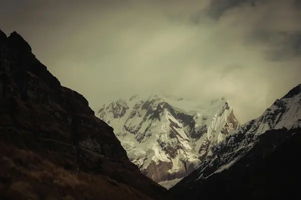 High mountain valley along the Annapurna Circuit trek in Nepal