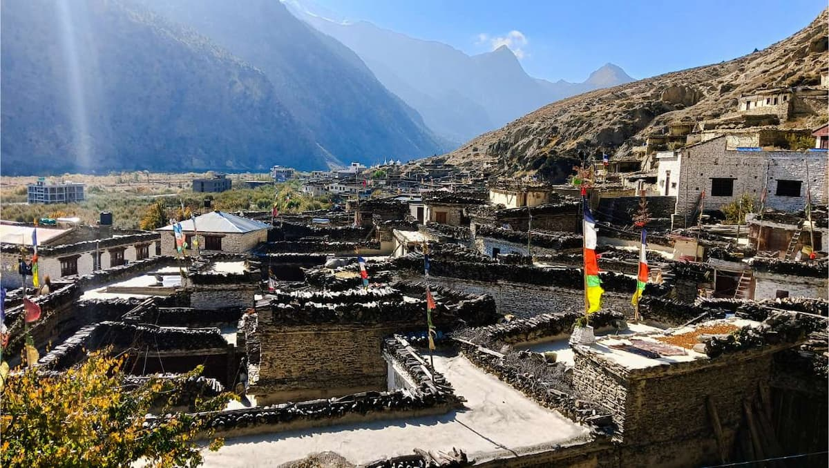 Stone village and valley landscape on the annapurna circuit trek in Nepal