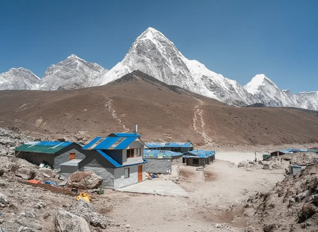 Teahouses at Everest Base Camp with surrounding Himalayan peaks